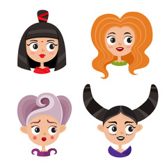 Set of cool female avatars. Portrait of glamorous woman with avant-garde hairstyle in cartoon style.