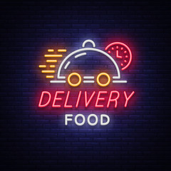 Naklejki  Neon dostawy żywności. Logo w stylu neonowym, jasny baner, świetlisty symbol, jasne nocne życie reklamowe neonowe dostawy żywności dla Twoich projektów. Ilustracja wektorowa