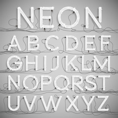 Realistic neon alphabet with wires (OFF), vector.