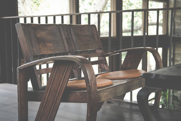 Fototapeta na wymiar wood bench chair in living room on mezzanine in house