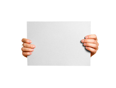 Hands holding a grey clean blank sheet of A4. Isolated on grey background