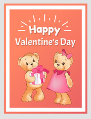Happy Valentines Day Poster with Two Teddy Bears