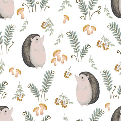 Seamless pattern with hedgehog, fern, mushrooms, tree branches and berries. Cute cartoon characters. Hand drawn vector illustration in watercolor style © kateja