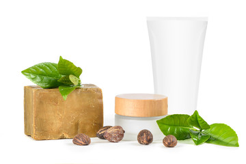 Shea Butter nuts and leave, with cosmetic products
