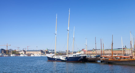 Fototapeta na wymiar Vintage sailing ships moored in Stockholm city