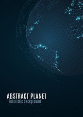 Abstract planet earth. Blue glowing map of small dots. Dark futuristic background. Space concept. High tech. World map. Global network connection. Vector illustration