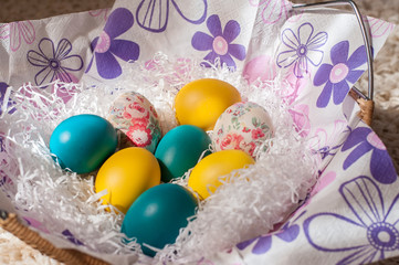 Traditional Easter colored eggs. The celebration of Easter.
