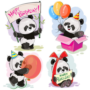 Set of cute baby panda bears with happy birthday banner, with bow and greeting card, with surprise in gift box and balloons vector cartoon illustration. Clipart for party invitations, t-shirt prints