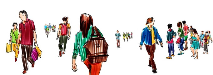 group of people walking free hand sketch panorama view isolated on white background