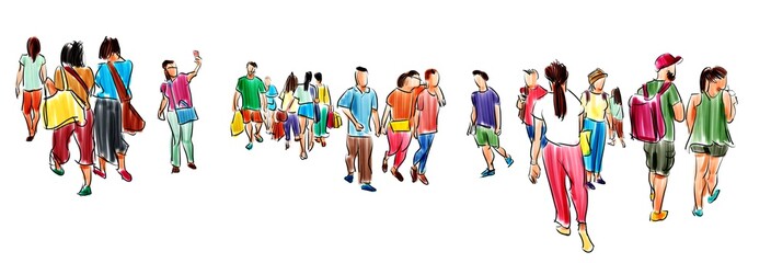 group of people walking free hand sketch panorama view isolated on white background