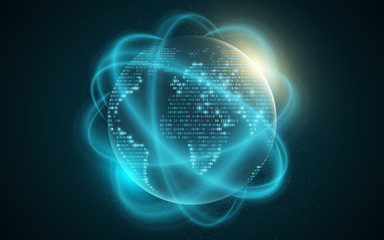 World map from binary code. Abstract planet earth. Blurred lines move. Futuristic background. Computer programming code. Blue sunrise and fog. Global network. Vector illustration