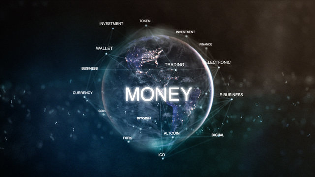 Technology earth from space word set with money in focus. Futuristic bitcoin cryptocurrency oriented words cloud 3D illustration. Crypto e-business keywords concept