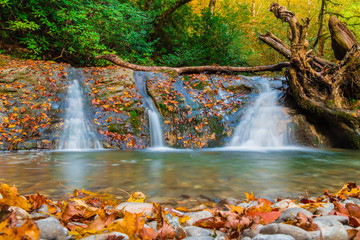 The cascade waterfall of the mountain river Bezumenka with many dry leaves in autumn day, Sochi, Russia
