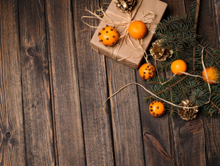 Christmas New Year composition with tangerines and pine cones