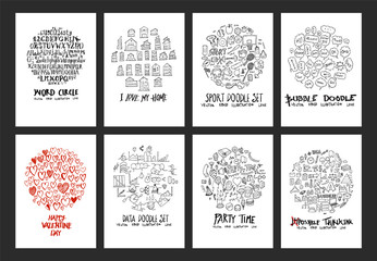 Set of doodles vector. Collection Font, Info, Sport, Party, Speech Bubble, Business, Valentine, House. circle form on a4 paper cover eps10