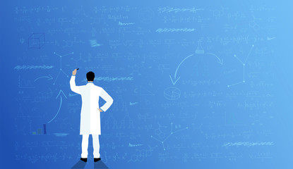 dottore, scienziato, di spalle, scrivere,sfondo