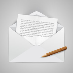 Realistic opened envelope with papers, and a pencil vector illustration