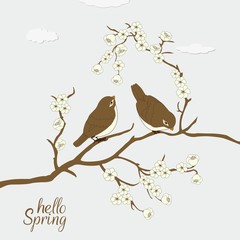 Floral card with cute burds and Hello Spring text
