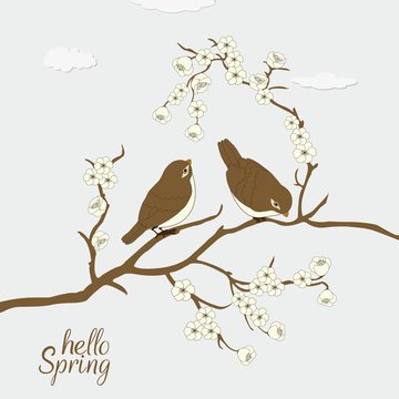 Floral card with cute burds and Hello Spring text