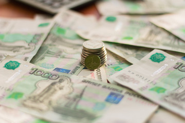money, Russian bills and coins are on the table