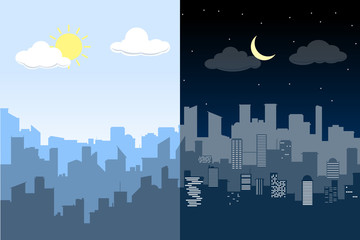 Random blue city skyline Vector. Difference between Day and Night.