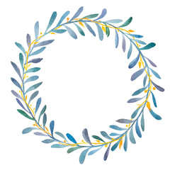 Hand drawn watercolor illustration of blue olives wreaths with gold branch. Round graphic elements for wedding branding, invitations, gift card. Isolated on white background