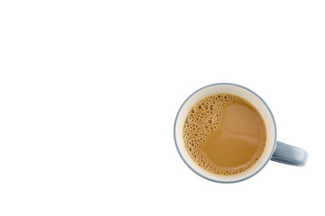 Cup of coffee with foam isolated on white background all top view