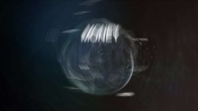 Futuristic bitcoin cryptocurrency oriented words cloud animation loop. 3D technology earth from space word set including blockchain,digital,money.Crypto business concept.Loopable 4k video