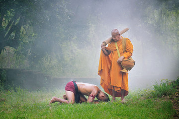 Ancient warriors pay-respect old monks to achieve happiness in the forest.