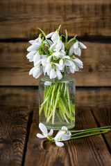 snowdrops in a glass vase on a wooden background