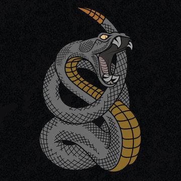 Viper snake. Colorful vector illustration in ink technique on black grunge background, good for poster, sticker, tee shirt design.