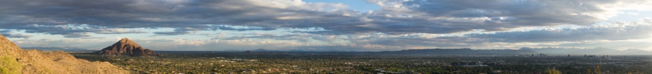Fototapeta na wymiar Phoenix, Arizona,USA. Hi Res Super wide Panoramic landscape Aerial viewpoint. Facing South from Phoenix Mountain Reserve.