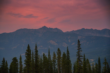 Sunset sky over mountain range and forest trees 