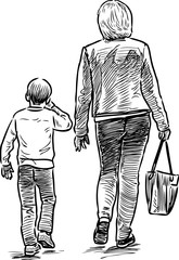 Sketch of a mother with her son going on a walk