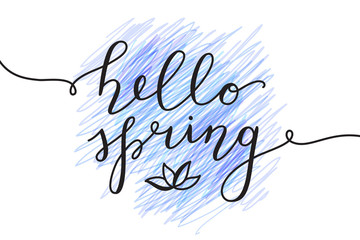 hello spring, vector lettering and flower, spring card with handwritten text