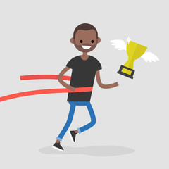 Young black running character crossing the finish line. Red ribbon. Race. Competition. Flat editable vector illustration, clip art