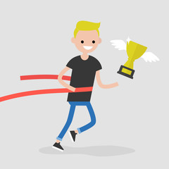 Young running character crossing the finish line. Red ribbon. Race. Competition. Flat editable vector illustration, clip art