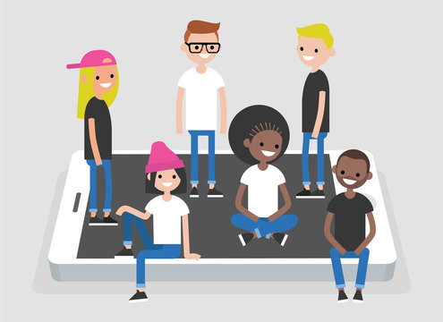 Social Network Concept. A Multinational Group Of Young People Hanging Out On The Mobile Screen / Flat Editable Vector Illustration, Clip Art