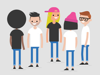 Fototapeta premium Group of multicultural young people: front, side and back view. Millennials. Lifestyle. Flat editable vector illustration, clip art