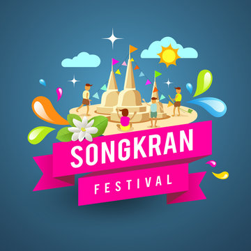 Amazing songkran festival of Thailand  on blue background, vector illustration