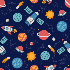 Cosmos. Seamless pattern in doodle and cartoon style. Color.