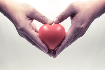 Obraz premium Close up of Red heart in hands on white background