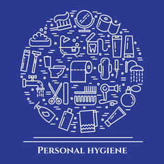 Fototapeta premium Personal hygiene blue line banner. Set of elements of shower, soap, bathroom, toilet, toothbrush and other cleaning pictograms. Line out. Simple silhouette. Editable stroke. Vector illustration