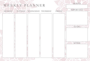 Weekly planner with mandalas, stationery organizer for daily plans, floral vector weekly planner template, schedules