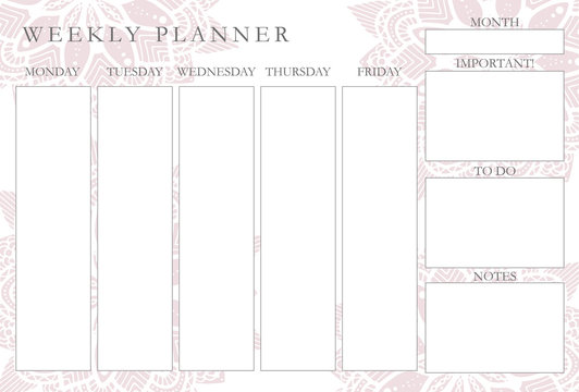 Weekly Planner With Mandalas, Stationery Organizer For Daily Plans, Floral Vector Weekly Planner Template, Schedules