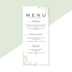 Wedding menu template with hand drawn watercolor flowers, leaves and branches, illustration, wedding.