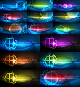 Neon glowing globe light abstract backgrounds collection, mega set of energy magic concept backgrounds