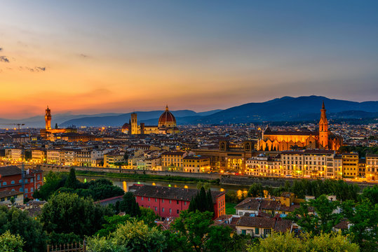Sunset view of Florence, Palazzo Vecchio and Florence Duomo, Italy