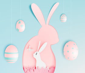 Happy easter day in paper art style with bunny and eggs