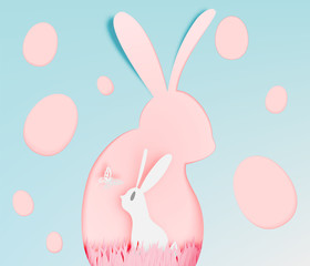 Happy easter day in paper art style with bunny and eggs